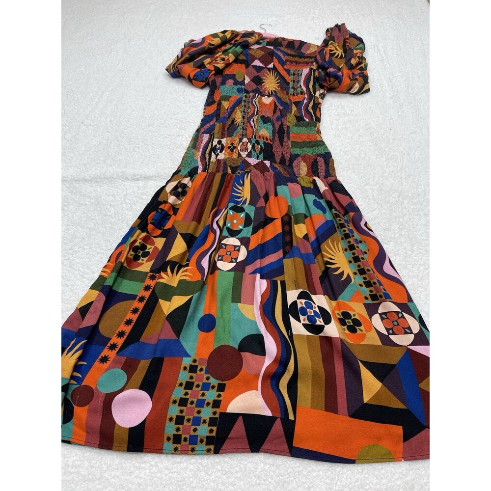 Farm Rio Midi Dress Tropical Shapes Orange Smock Preppy Boho Vacay Retro Medium - Picture 6 of 13